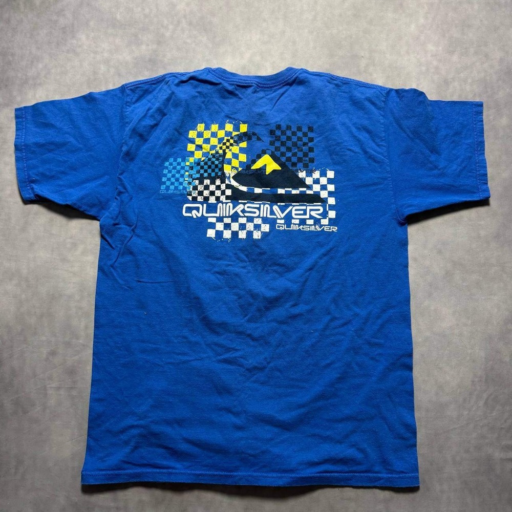 Quiksilver Graphic T-Shirt Mens Large Blue Checkered Logo Surf Skate Tee